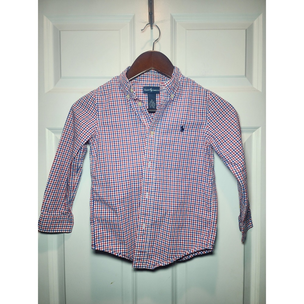 Ralph Lauren Boys Size 6 Gingham Button Down Shirt Red White Blue Cotton